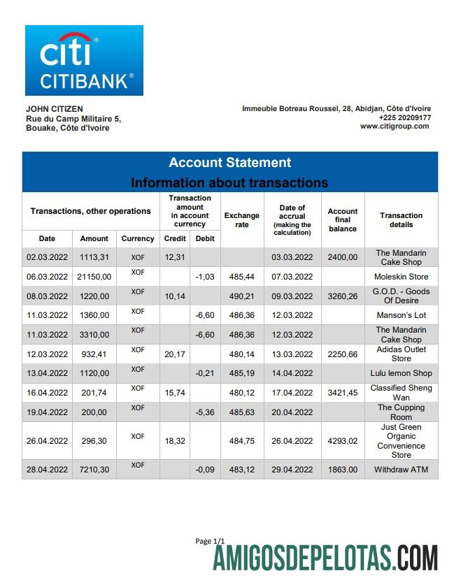 Cote D'Ivoire Citibank extrato bancário amostra